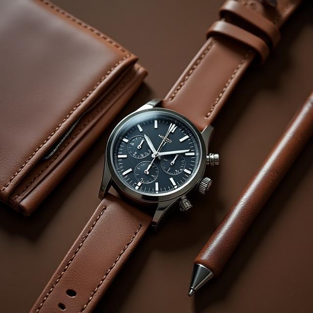 Metro Chronograph watch flat-lay with leather wallet