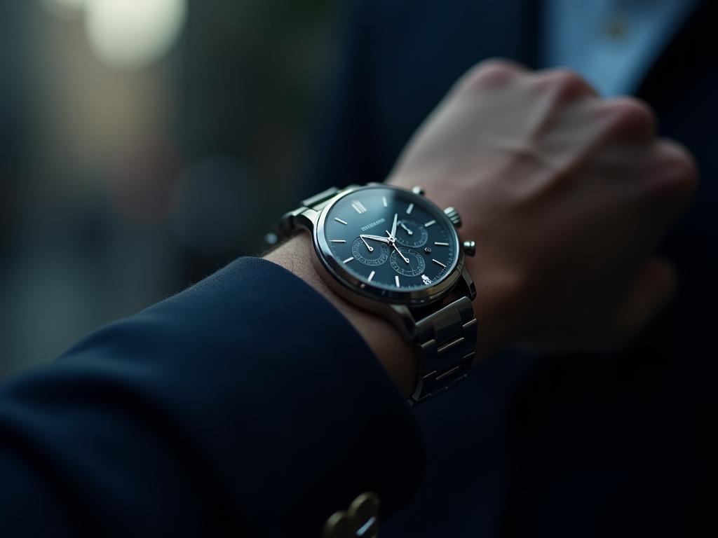 Close-up of stainless steel men’s watch on wrist