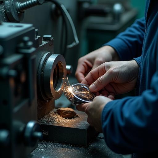 Technician cutting steel case on lathe