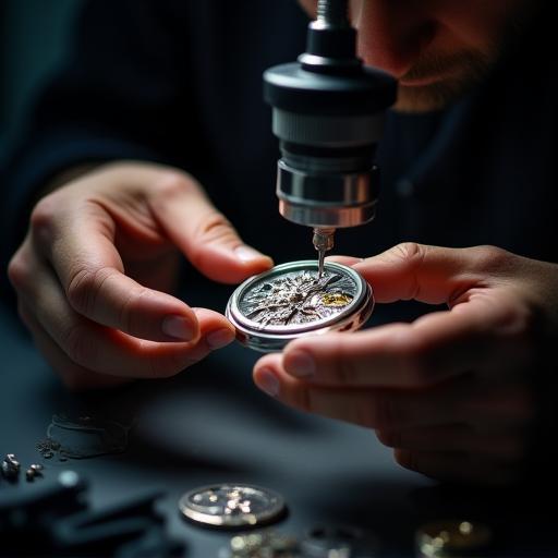 Watchmaker assembling movement under loupe