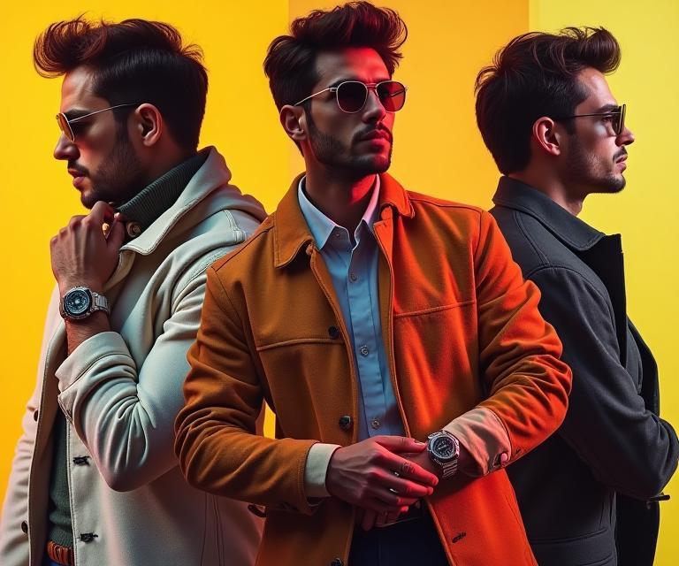 Collage of men styling watches with outfits